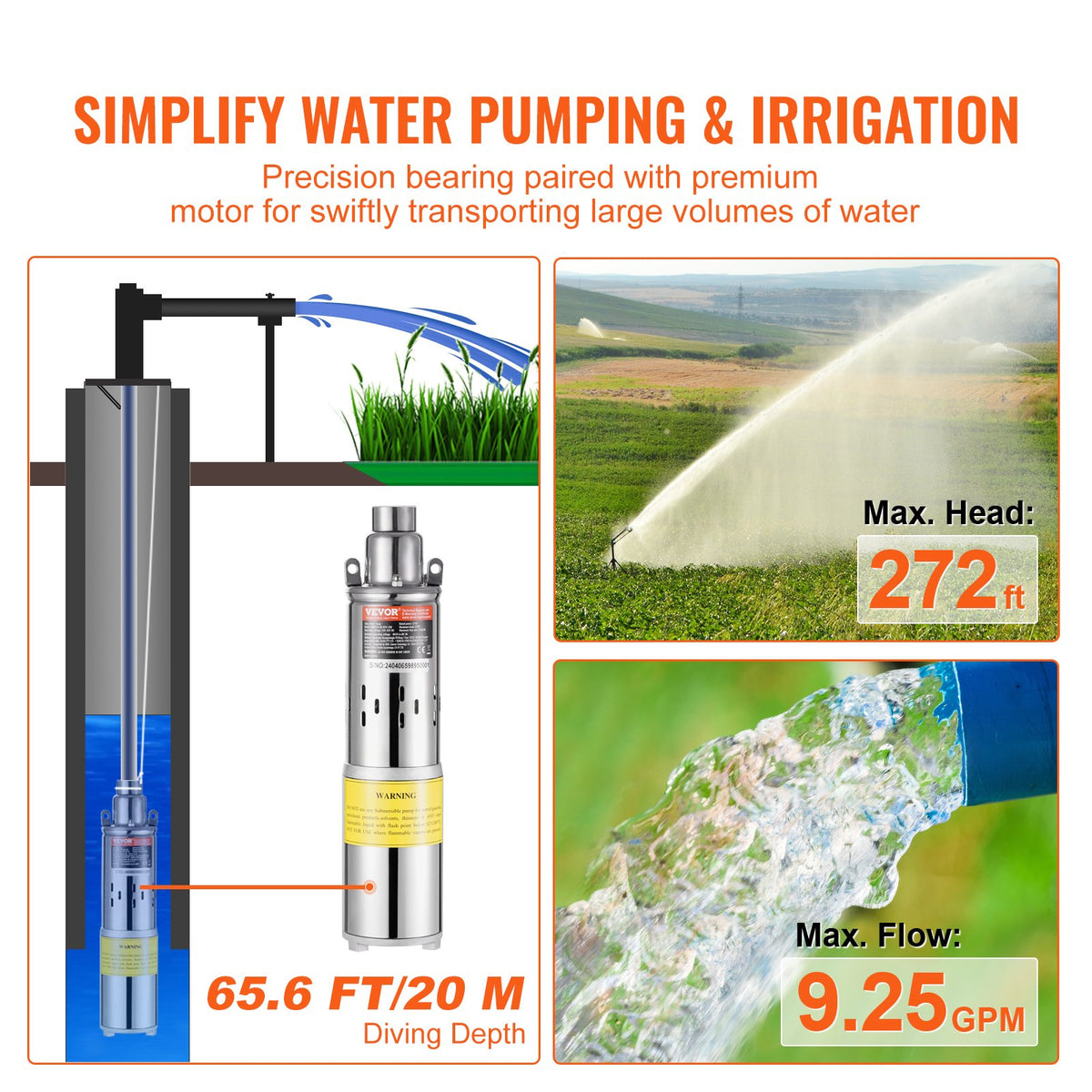 Solar Water Pump, DC 277W Submersible Deep Well Pump, Max Flow 2.1 m3/H, Max Head 83 m, Max Submersion Depth V952-TYNSB260W10GVTKZOV9