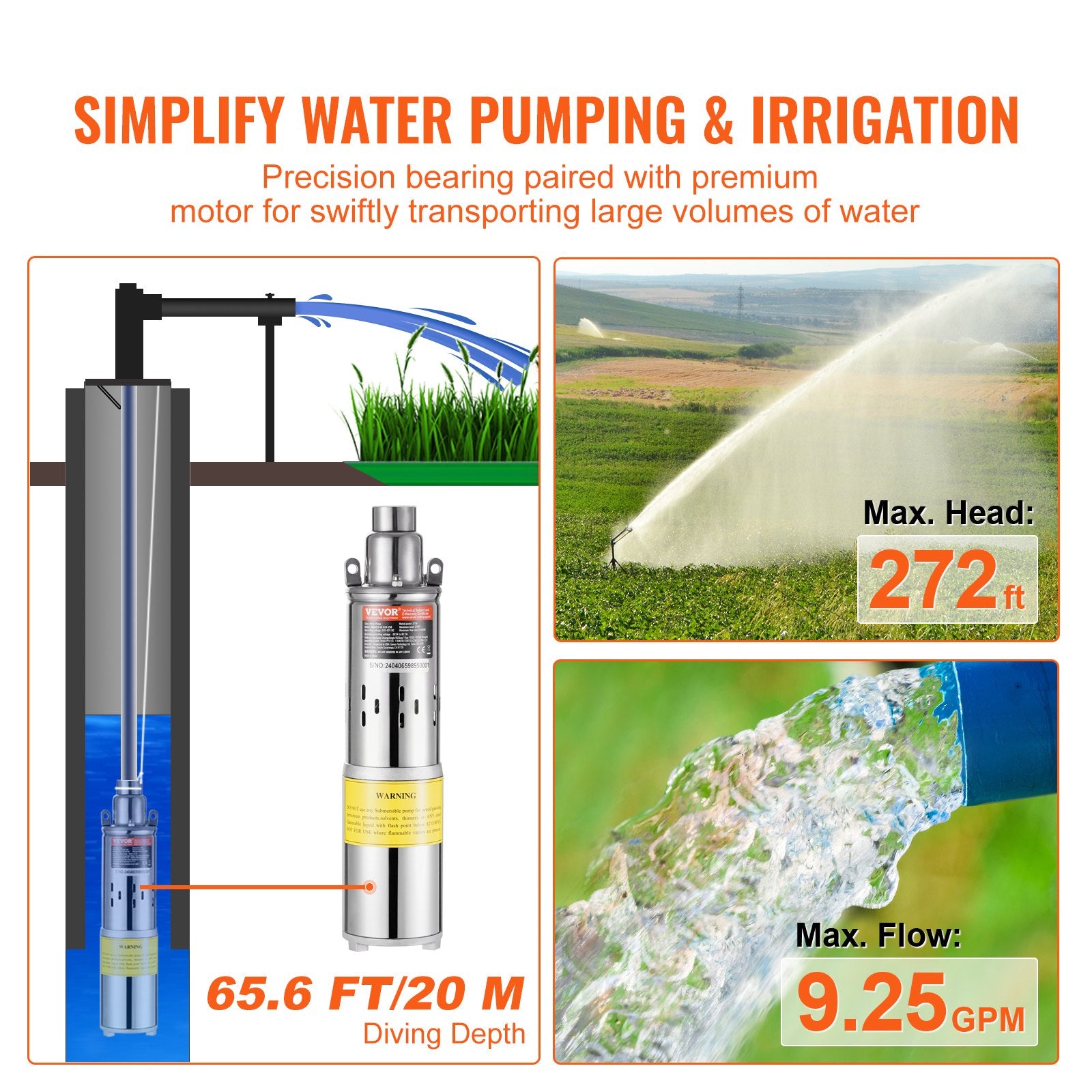 Solar Water Pump, DC 277W Submersible Deep Well Pump, Max Flow 2.1 m3/H, Max Head 83 m, Max Submersion Depth V952-TYNSB260W10GVTKZOV9