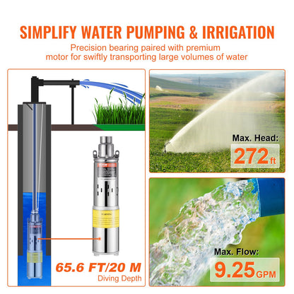 Solar Water Pump, DC 277W Submersible Deep Well Pump, Max Flow 2.1 m3/H, Max Head 83 m, Max Submersion Depth V952-TYNSB260W10GVTKZOV9