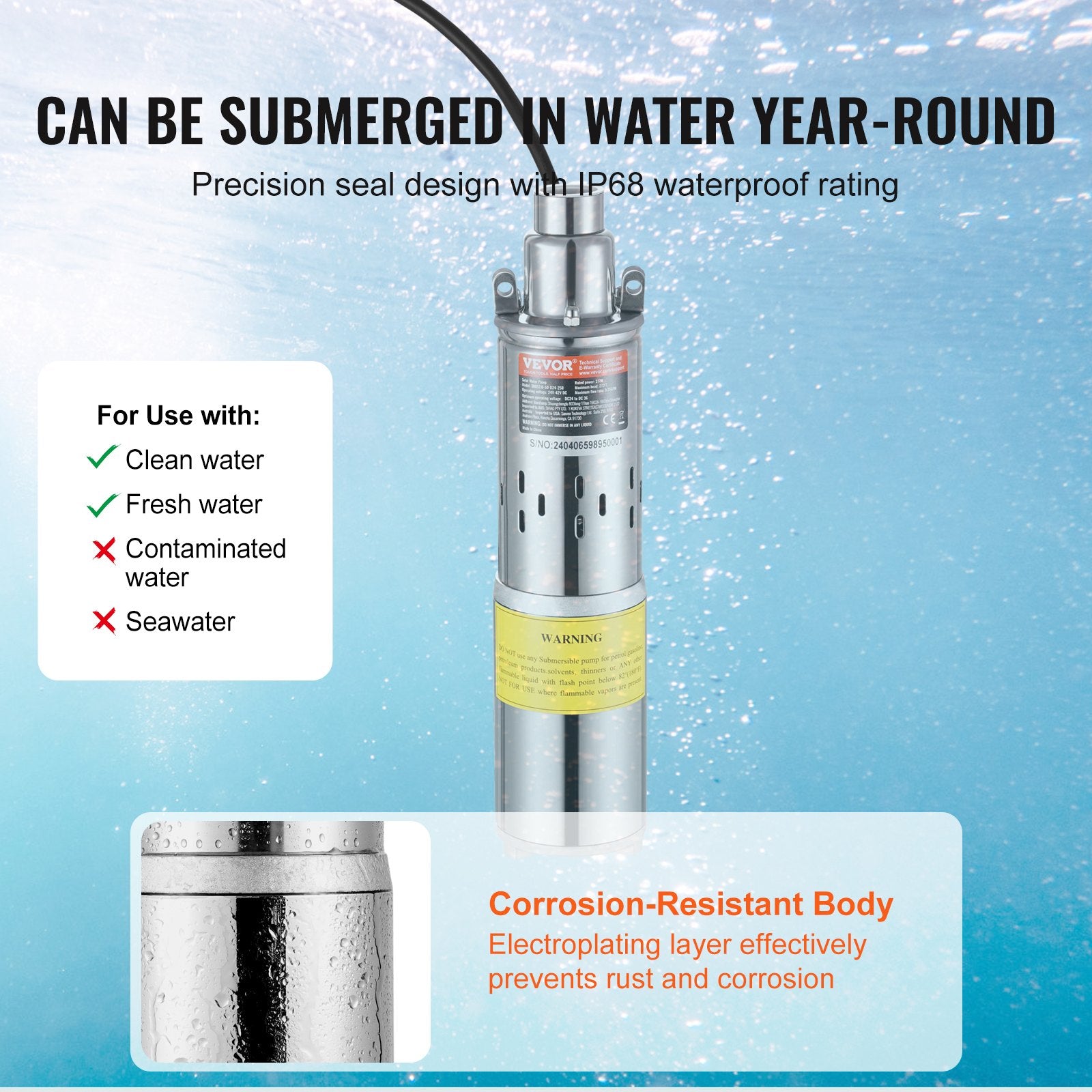Solar Water Pump, DC 277W Submersible Deep Well Pump, Max Flow 2.1 m3/H, Max Head 83 m, Max Submersion Depth V952-TYNSB260W10GVTKZOV9