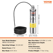 Solar Water Pump, DC 277W Submersible Deep Well Pump, Max Flow 2.1 m3/H, Max Head 83 m, Max Submersion Depth V952-TYNSB260W10GVTKZOV9