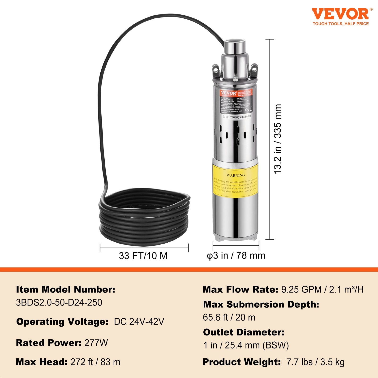 Solar Water Pump, DC 277W Submersible Deep Well Pump, Max Flow 2.1 m3/H, Max Head 83 m, Max Submersion Depth V952-TYNSB260W10GVTKZOV9
