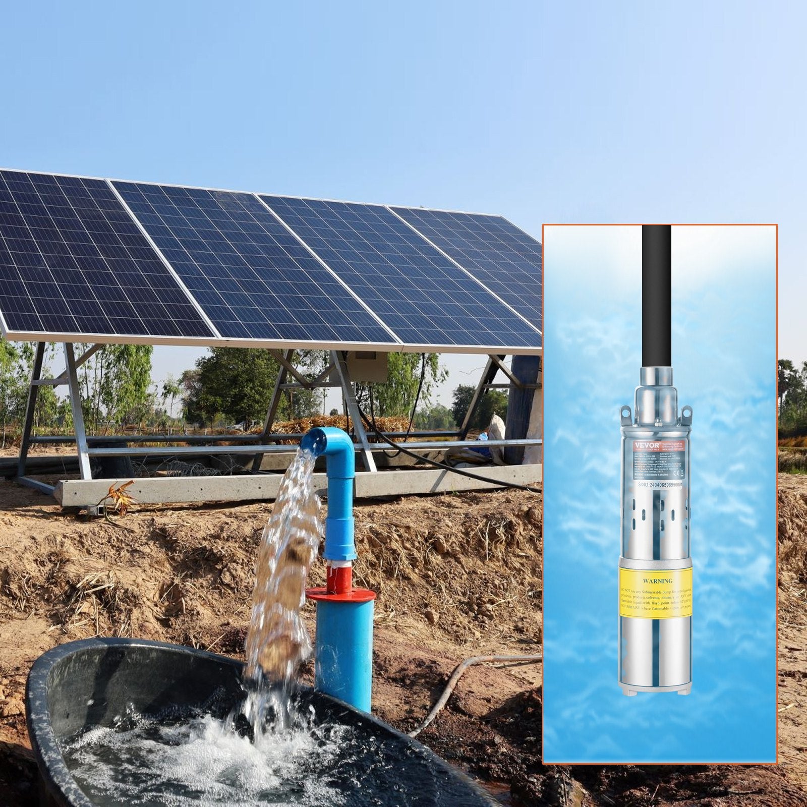 Solar Water Pump, DC 277W Submersible Deep Well Pump, Max Flow 2.1 m3/H, Max Head 83 m, Max Submersion Depth V952-TYNSB260W10GVTKZOV9