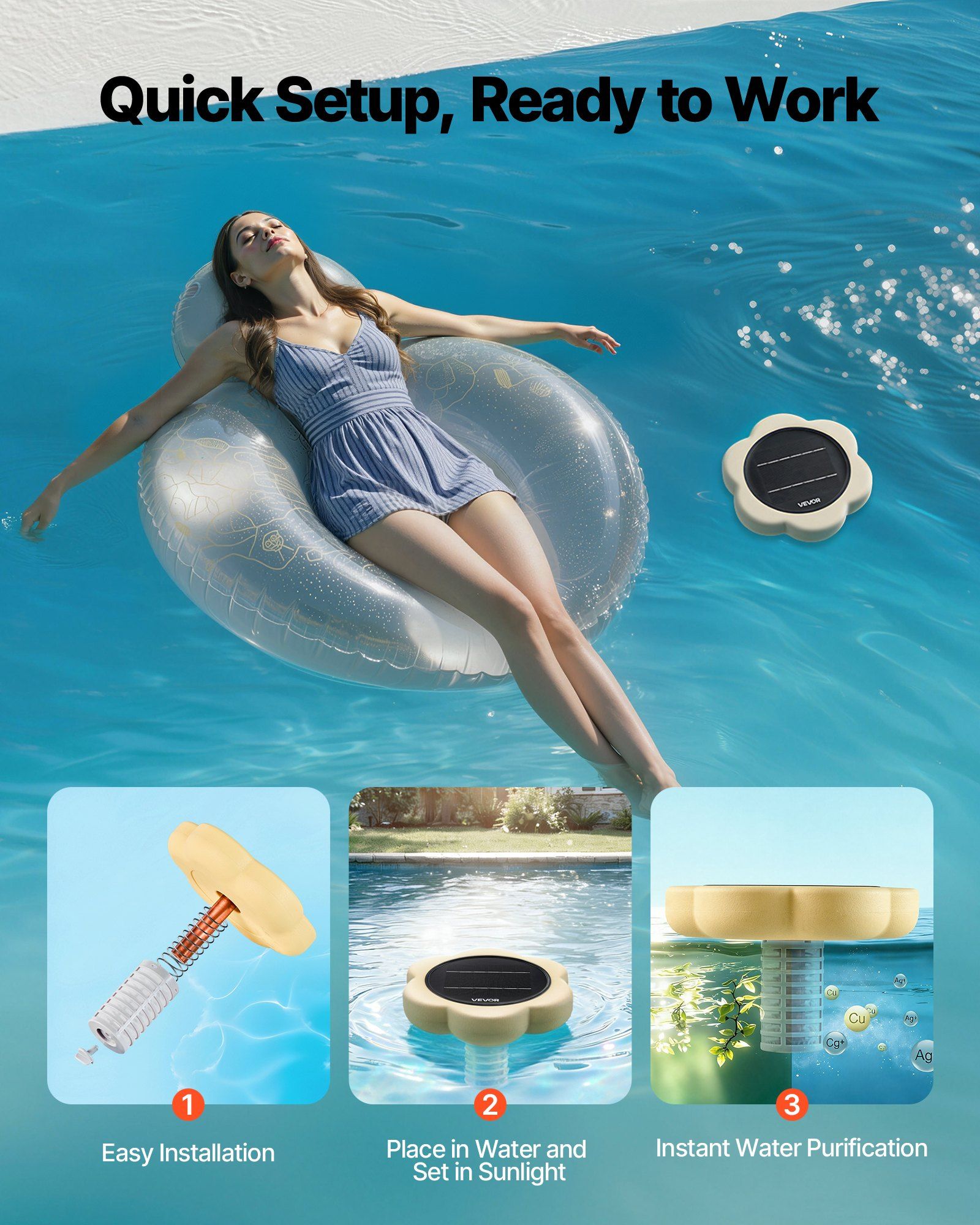 Solar Pool Ionizer, Petal Copper Pool Ionizer Up to 170343 L, Floating Automatic Water Cleaner and Purifier, V952-TYNYCLZFSQDHQ59ZZ001V0