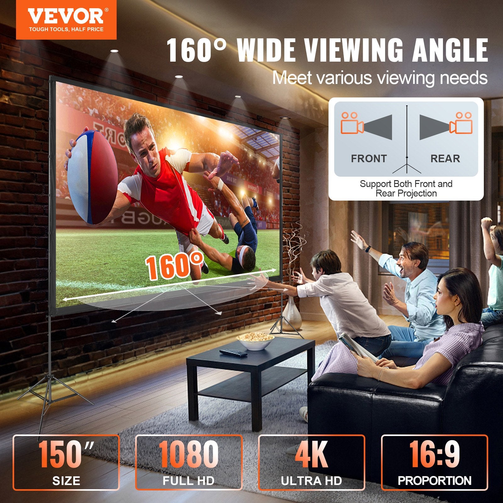 Projector Screen with Stand, 150 inch 16:9 4K 1080 HD Outdoor Movie Screen with Stand, Wrinkle-Free V952-TYPM20ZJSLJ18YCEZV0