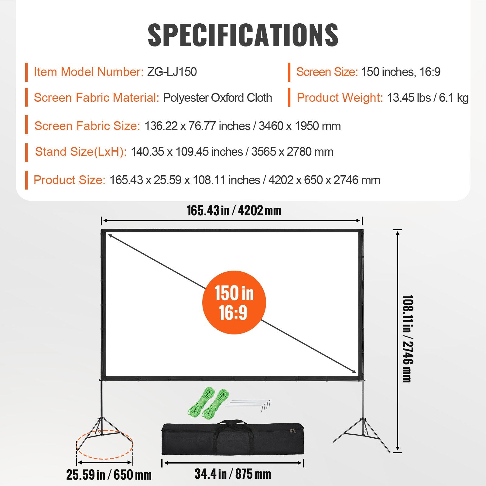 Projector Screen with Stand, 150 inch 16:9 4K 1080 HD Outdoor Movie Screen with Stand, Wrinkle-Free V952-TYPM20ZJSLJ18YCEZV0