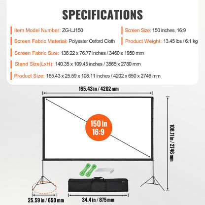 Projector Screen with Stand, 150 inch 16:9 4K 1080 HD Outdoor Movie Screen with Stand, Wrinkle-Free V952-TYPM20ZJSLJ18YCEZV0