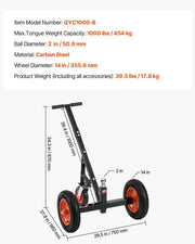 Trailer Dolly, 1000lbs Tongue Weight Capacity, Carbon Steel Trailer Mover with 2 inch Ball, 14 inch Pneumatic V952-TYSDQYC1000BJMKIYV0