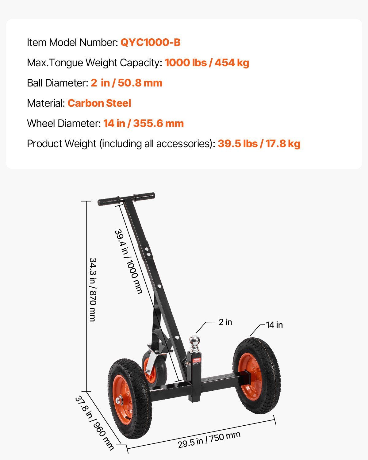 Trailer Dolly, 1000lbs Tongue Weight Capacity, Carbon Steel Trailer Mover with 2 inch Ball, 14 inch Pneumatic V952-TYSDQYC1000BJMKIYV0