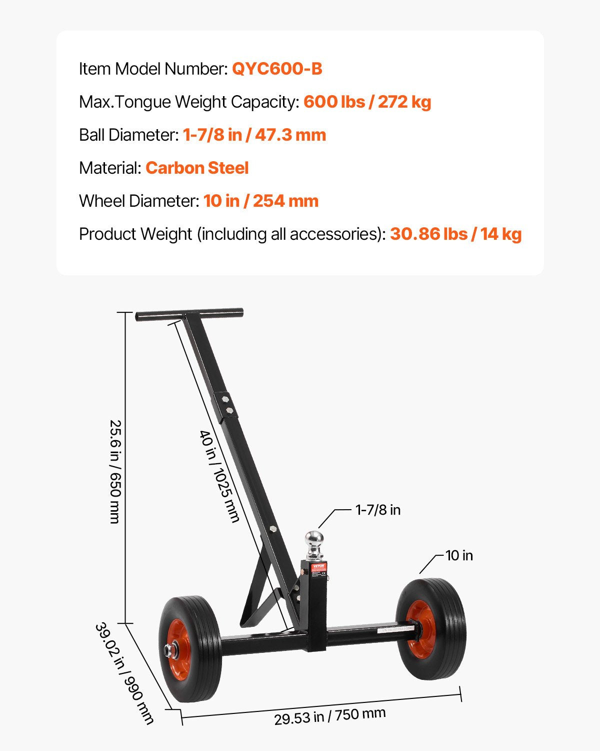 Trailer Dolly, 600lbs Tongue Weight Capacity, Carbon Steel Trailer Mover with 1-7/8 in Hitch Ball and 10 in V952-TYSDQYC600BHGRGNOV0