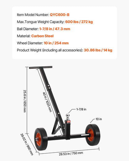 Trailer Dolly, 600lbs Tongue Weight Capacity, Carbon Steel Trailer Mover with 1-7/8 in Hitch Ball and 10 in V952-TYSDQYC600BHGRGNOV0