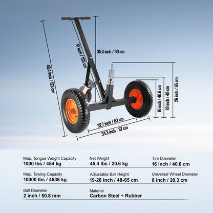 Adjustable Trailer Dolly, 1000lbs Tongue Weight Capacity, Carbon Steel Trailer Mover with 19''-26'' V952-TYSDQYCB10003IOSUV0