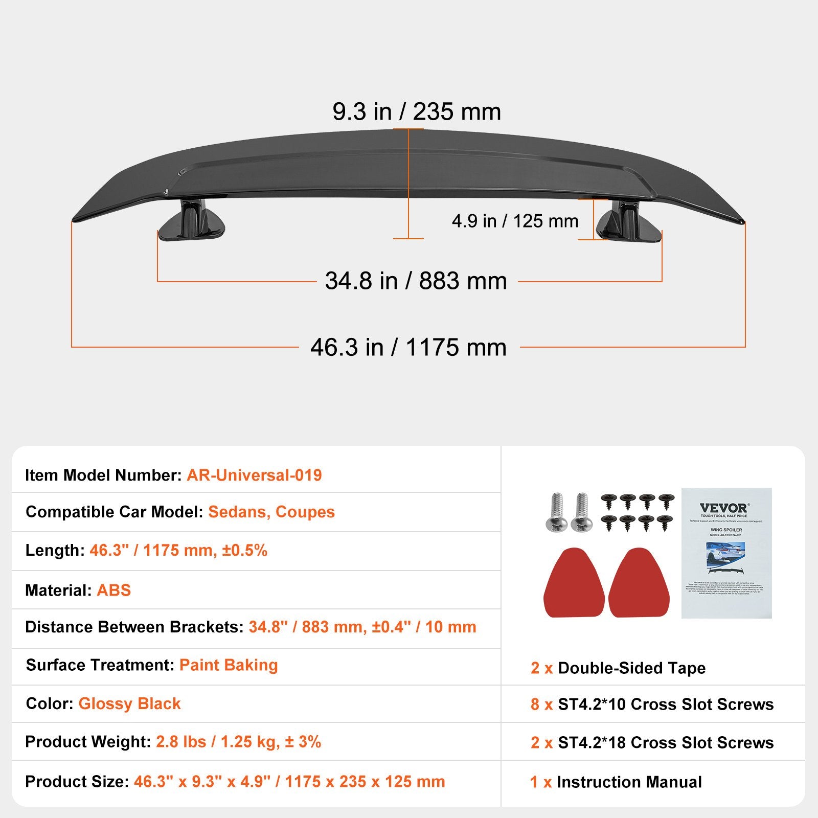 Universal Rear Spoiler 46.3'' GT Style Trunk Wing for Sedans and Coupes V952-TYXWYABS46INXC430V0