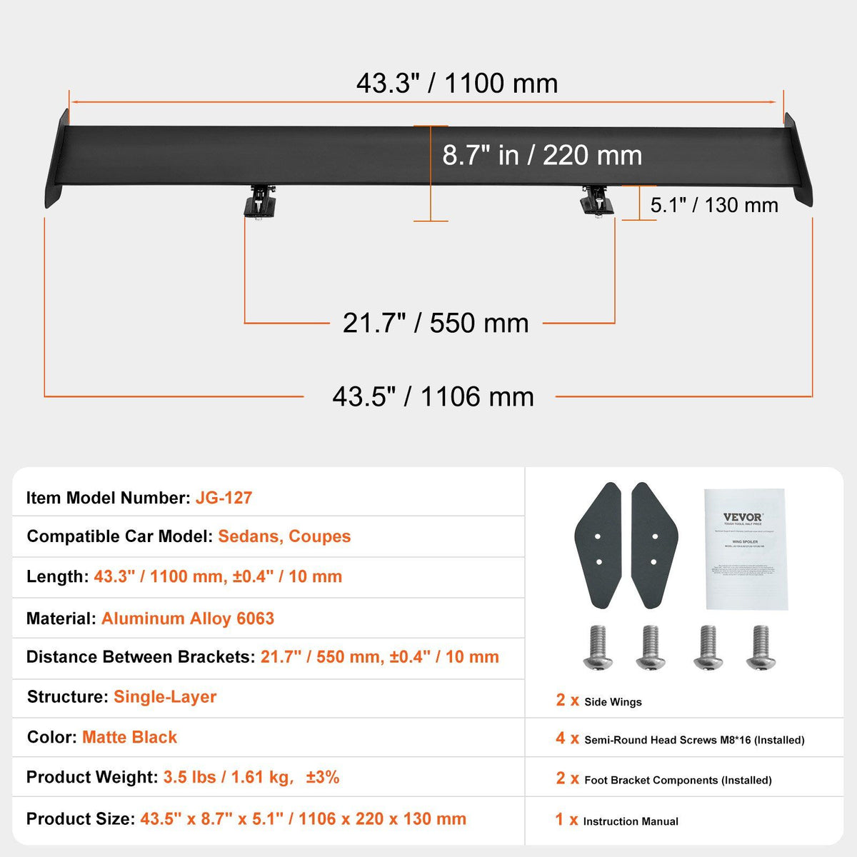 GT Wing Car Spoiler, 43.3 inch Universal Spoiler with Single Deck, Adjustable Lightweight Aluminum, Car Rear V952-TYXWYLHJLHJDFLMB1V0