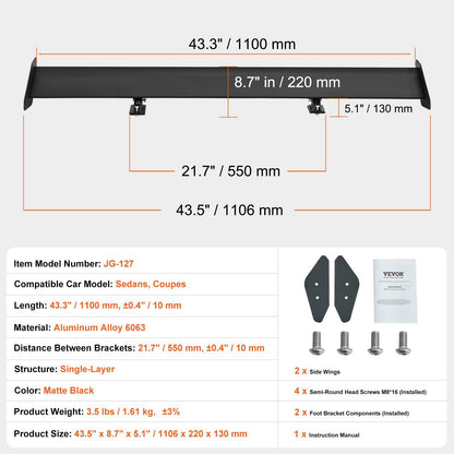 GT Wing Car Spoiler, 43.3 inch Universal Spoiler with Single Deck, Adjustable Lightweight Aluminum, Car Rear V952-TYXWYLHJLHJDFLMB1V0