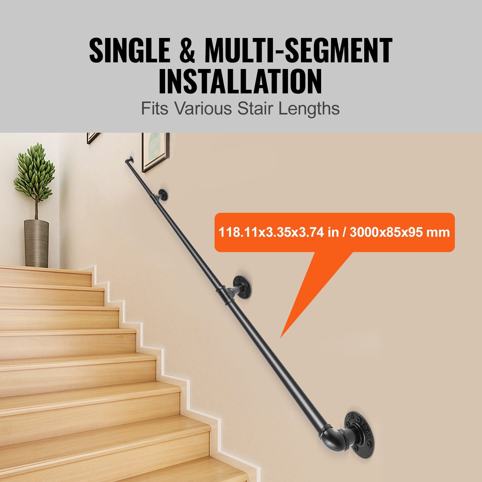 Pipe Stair Handrail, 3m Staircase Handrail, 200KG Load Capacity Carbon Steel Pipe Handrail, Industrial Pipe V952-TZBGSLTFSGY10E0RRV0