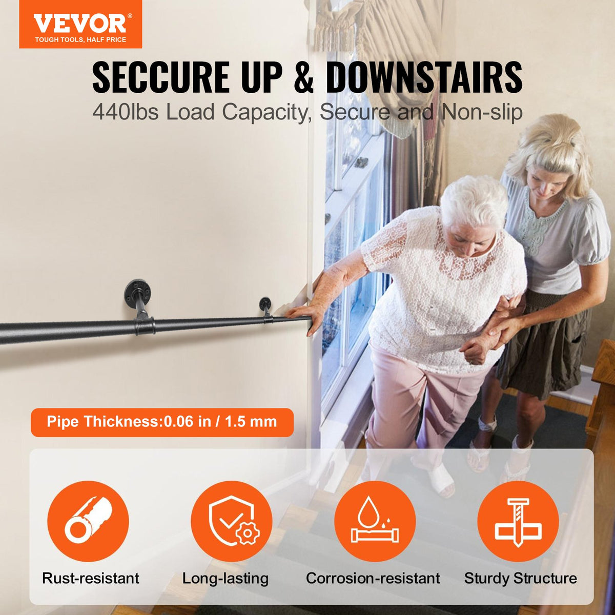 Pipe Stair Handrail, 11FT Staircase Handrail, 440LBS Load Capacity Carbon Steel Pipe Handrail, Industrial V952-TZBGSLTFSGY11V3QFV0