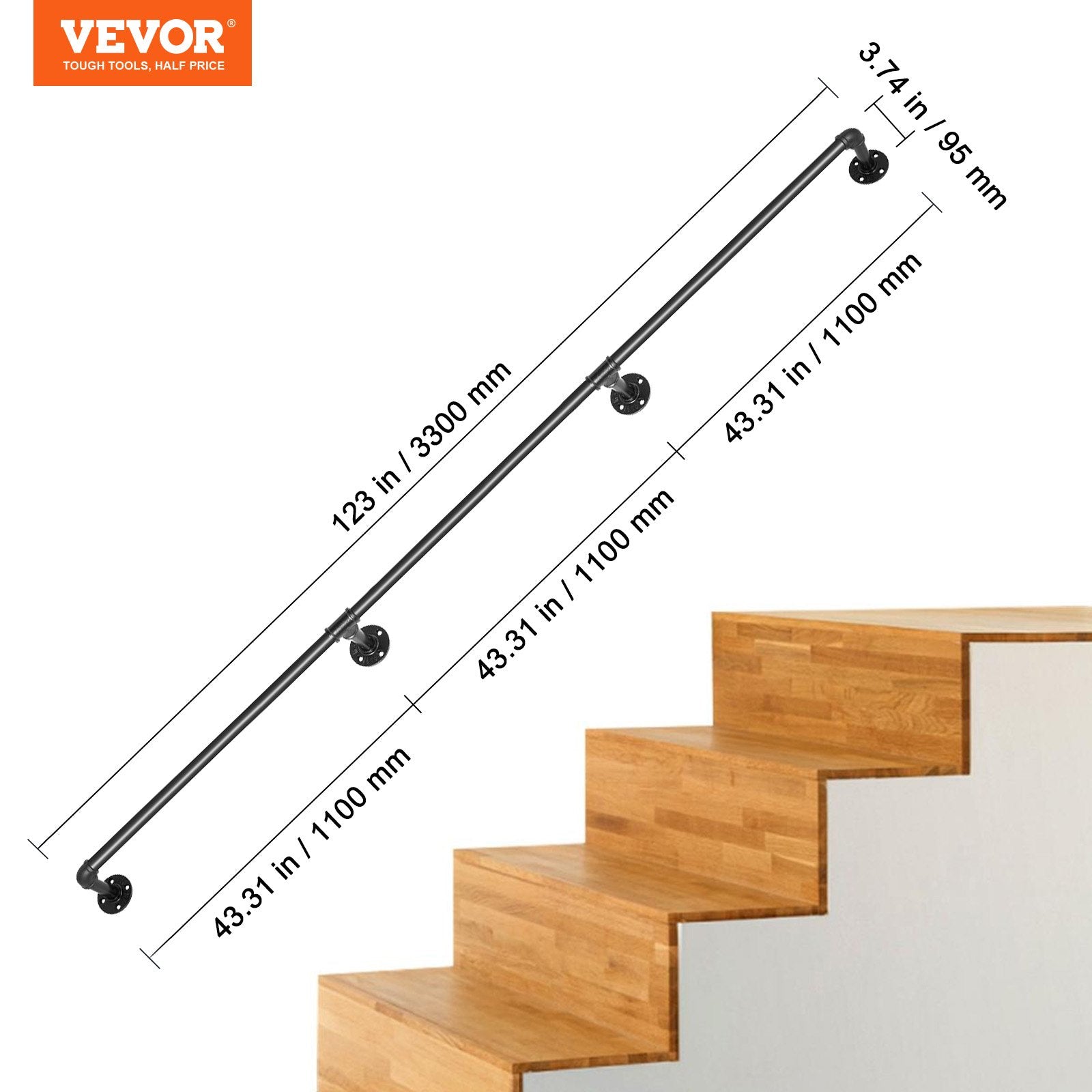 Pipe Stair Handrail, 11FT Staircase Handrail, 440LBS Load Capacity Carbon Steel Pipe Handrail, Industrial V952-TZBGSLTFSGY11V3QFV0