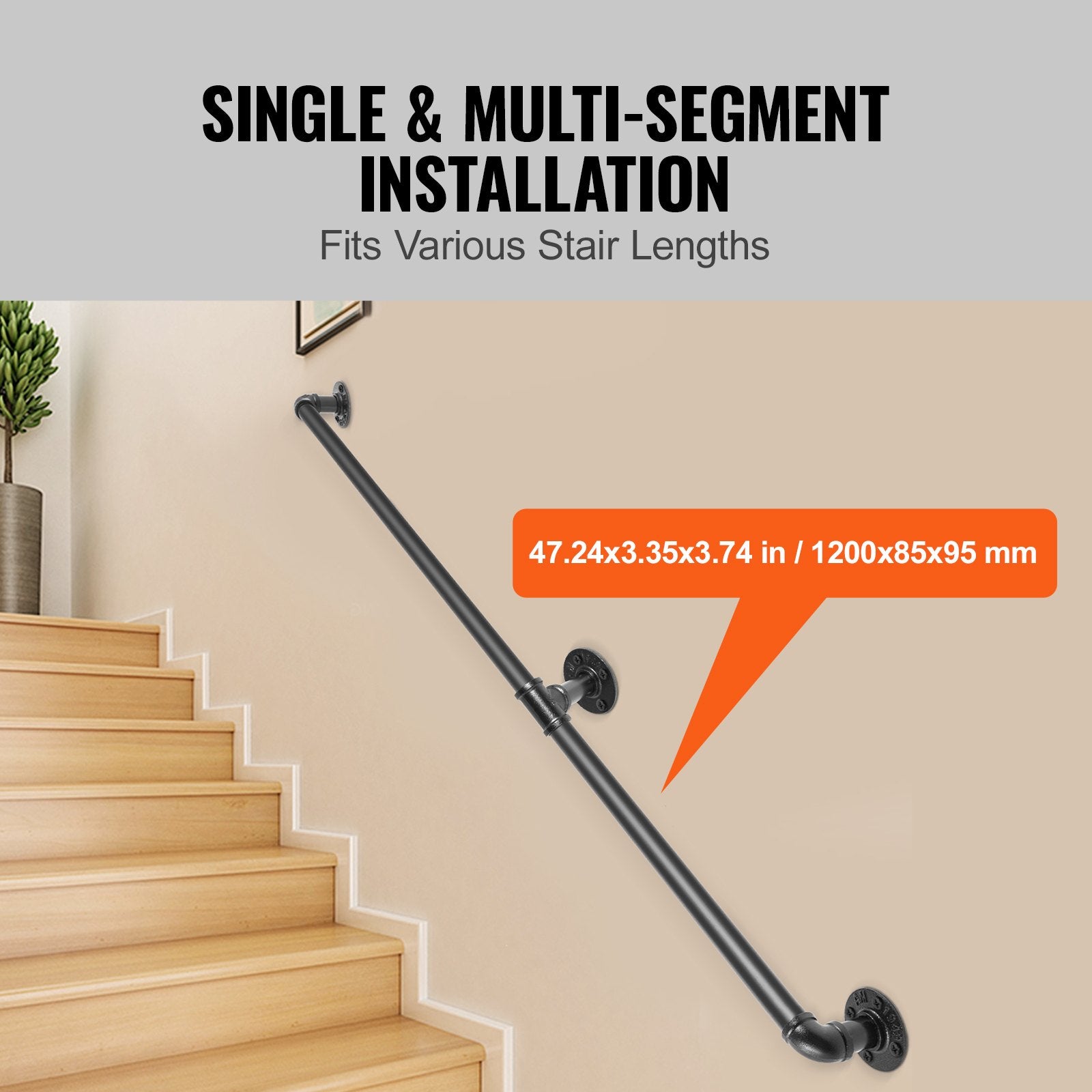 Pipe Stair Handrail Staircase Handrail 4 FT Carbon Steel for Wall Mount V952-TZBGSLTFSGYG4DWRPV0