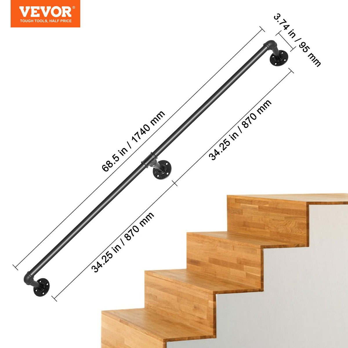 Pipe Stair Handrail, 1.8m Staircase Handrail, 200KG Load Capacity Carbon Steel Pipe Handrail, Industrial Pipe V952-TZBGSLTFSGYG6G9AAV0