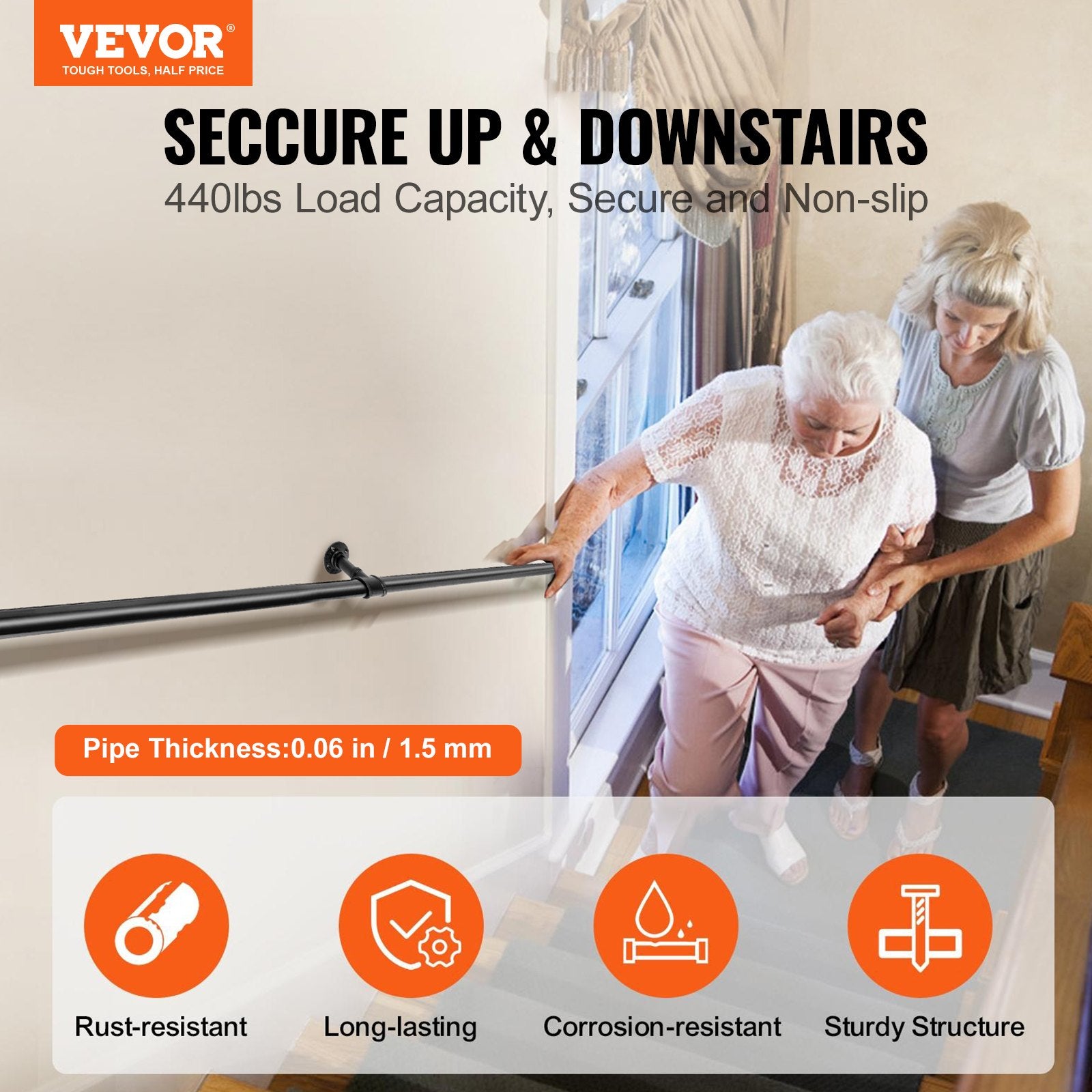 Pipe Stair Handrail, 7FT Staircase Handrail, 440LBS Load Capacity Carbon Steel Pipe Handrail, Industrial Pipe V952-TZBGSLTFSGYG77HXIV0