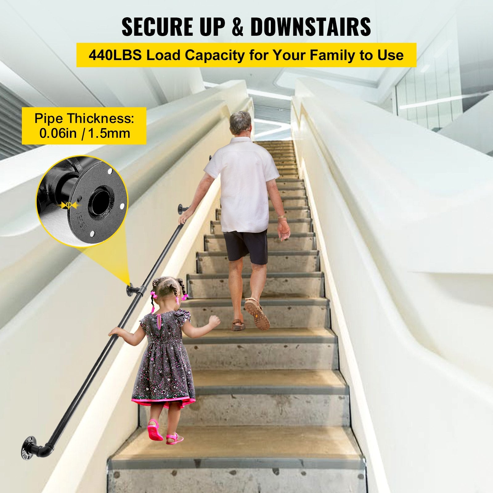 Pipe Stair Handrail, 9FT Staircase Handrail, 440LBS Load Capacity Carbon Steel Pipe Handrail, Industrial Pipe V952-TZBGSLTFSGYG9VDEUV0