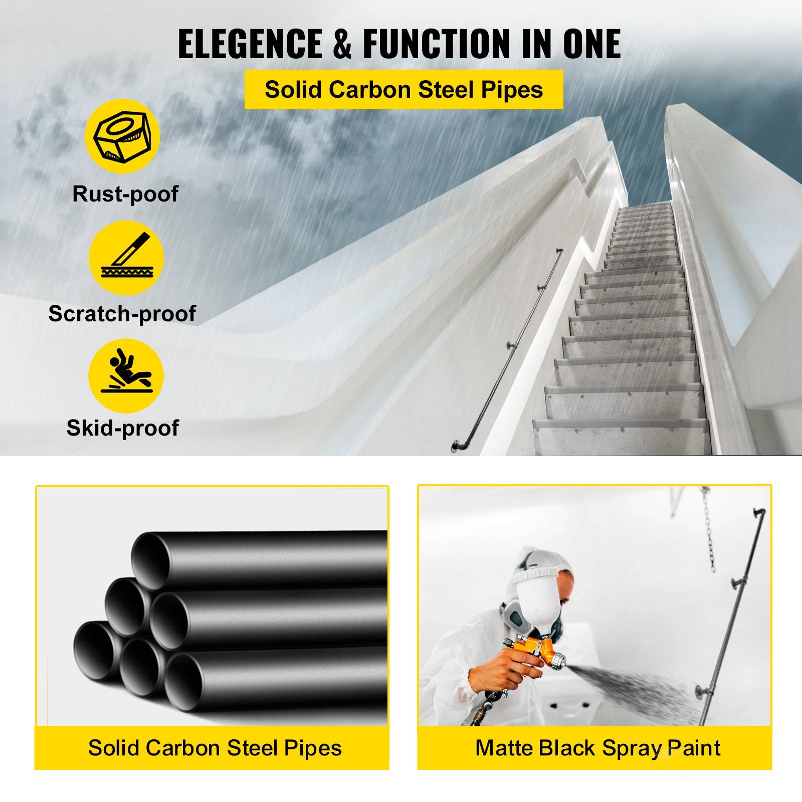 Pipe Stair Handrail, 9FT Staircase Handrail, 440LBS Load Capacity Carbon Steel Pipe Handrail, Industrial Pipe V952-TZBGSLTFSGYG9VDEUV0