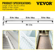 Pipe Stair Handrail, 9FT Staircase Handrail, 440LBS Load Capacity Carbon Steel Pipe Handrail, Industrial Pipe V952-TZBGSLTFSGYG9VDEUV0