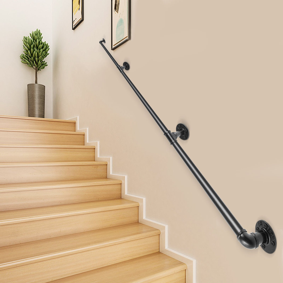 Pipe Stair Handrail, 9FT Staircase Handrail, 440LBS Load Capacity Carbon Steel Pipe Handrail, Industrial Pipe V952-TZBGSLTFSGYG9VDEUV0