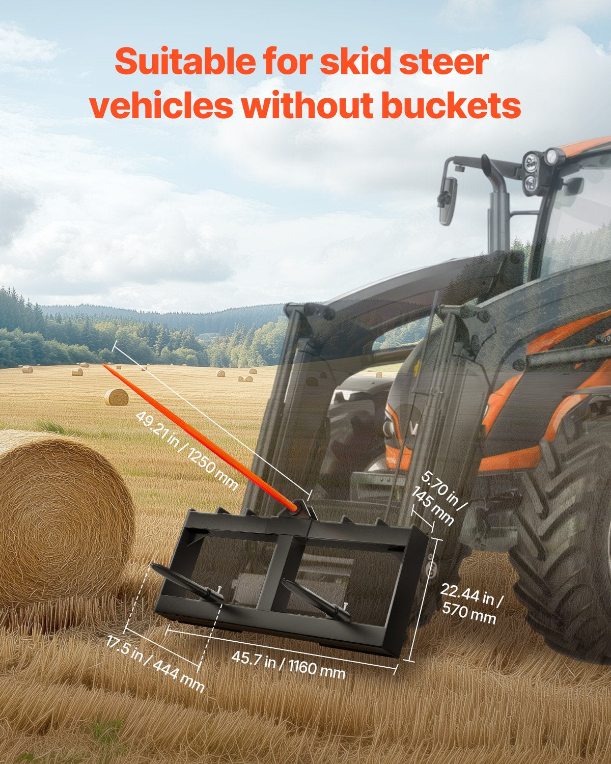 49" Hay Spear, Bale Spears 726kg Loading Capacity, Skid Steer Loader Tractor Attachment with 2pcs 17.5" V952-TZCZS12ZHZ491U79BV0