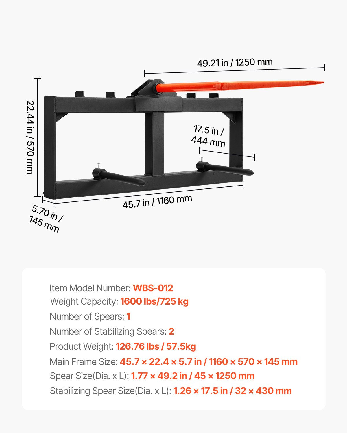 49" Hay Spear, Bale Spears 726kg Loading Capacity, Skid Steer Loader Tractor Attachment with 2pcs 17.5" V952-TZCZS12ZHZ491U79BV0
