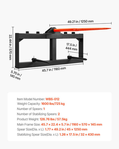 49" Hay Spear, Bale Spears 726kg Loading Capacity, Skid Steer Loader Tractor Attachment with 2pcs 17.5" V952-TZCZS12ZHZ491U79BV0