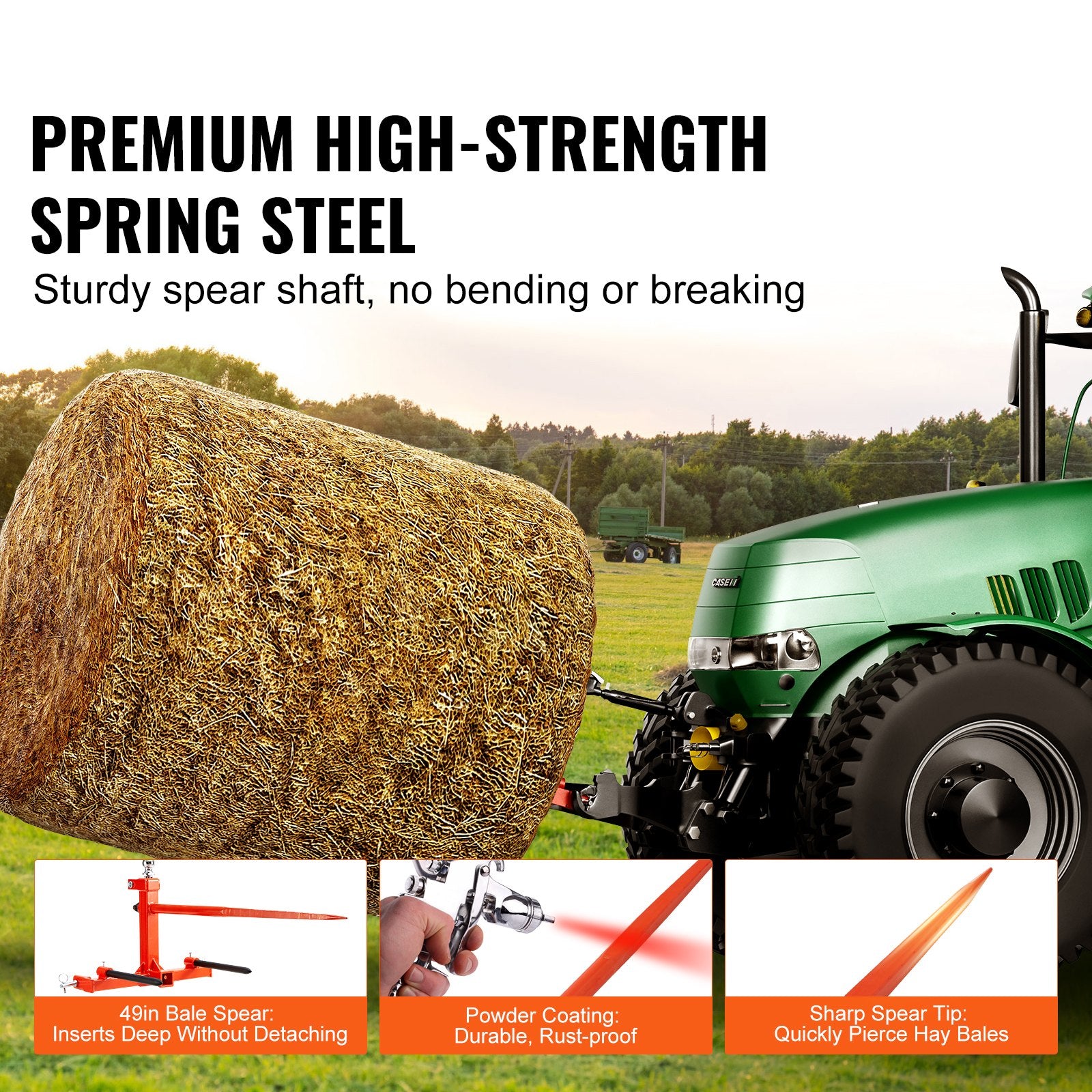 49" Hay Spear, Bale Spears 726kg Loading Capacity, Three-Point Hitch Tractor Attachment with 2pcs 17.5" V952-TZCZS49INCHSCWHSBV0