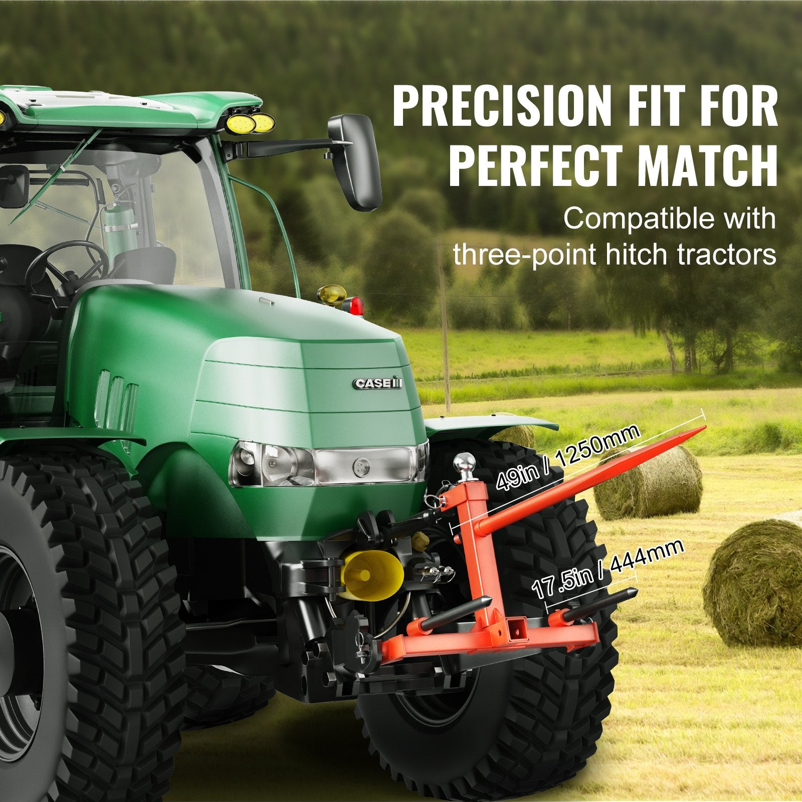49" Hay Spear, Bale Spears 726kg Loading Capacity, Three-Point Hitch Tractor Attachment with 2pcs 17.5" V952-TZCZS49INCHSCWHSBV0