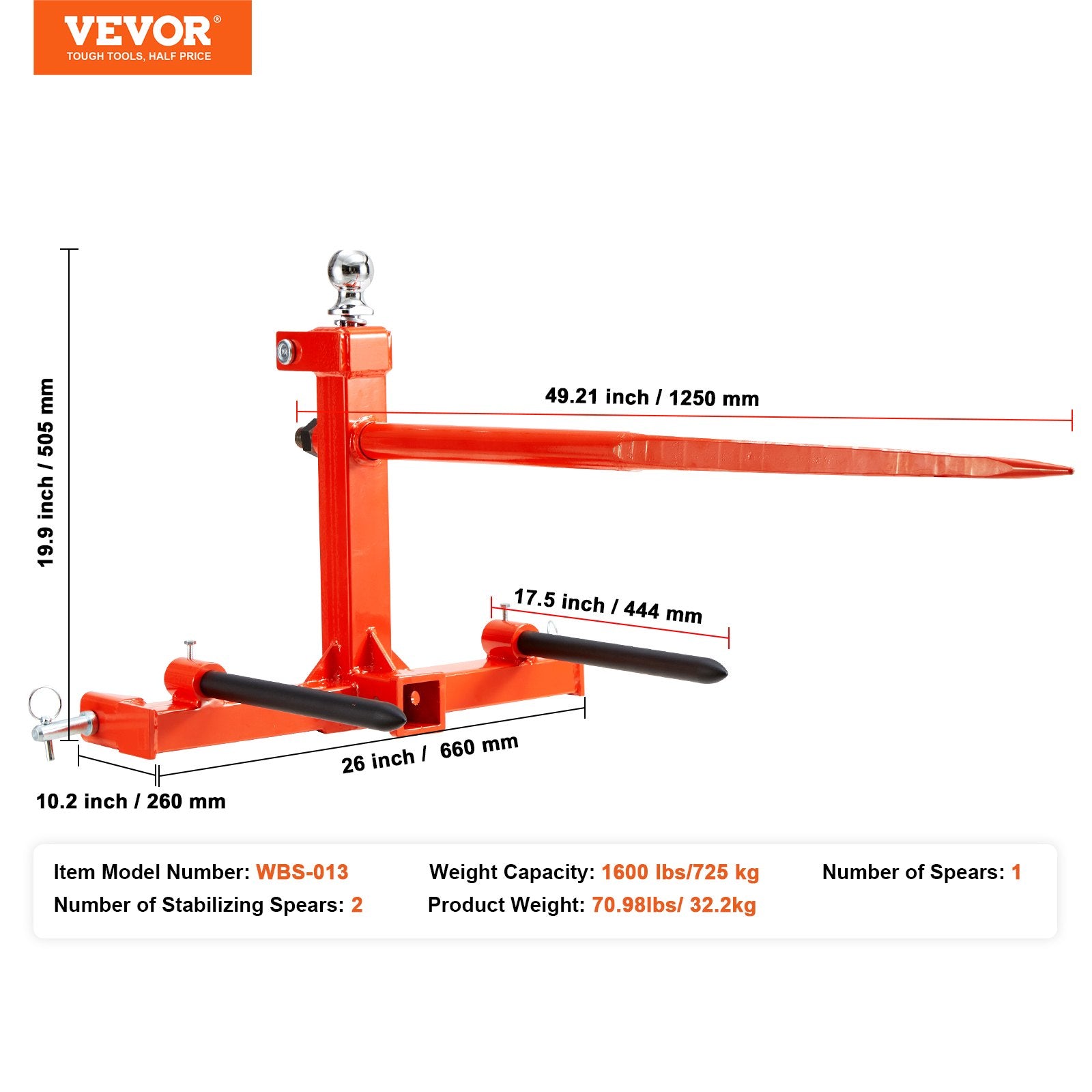 49" Hay Spear, Bale Spears 726kg Loading Capacity, Three-Point Hitch Tractor Attachment with 2pcs 17.5" V952-TZCZS49INCHSCWHSBV0