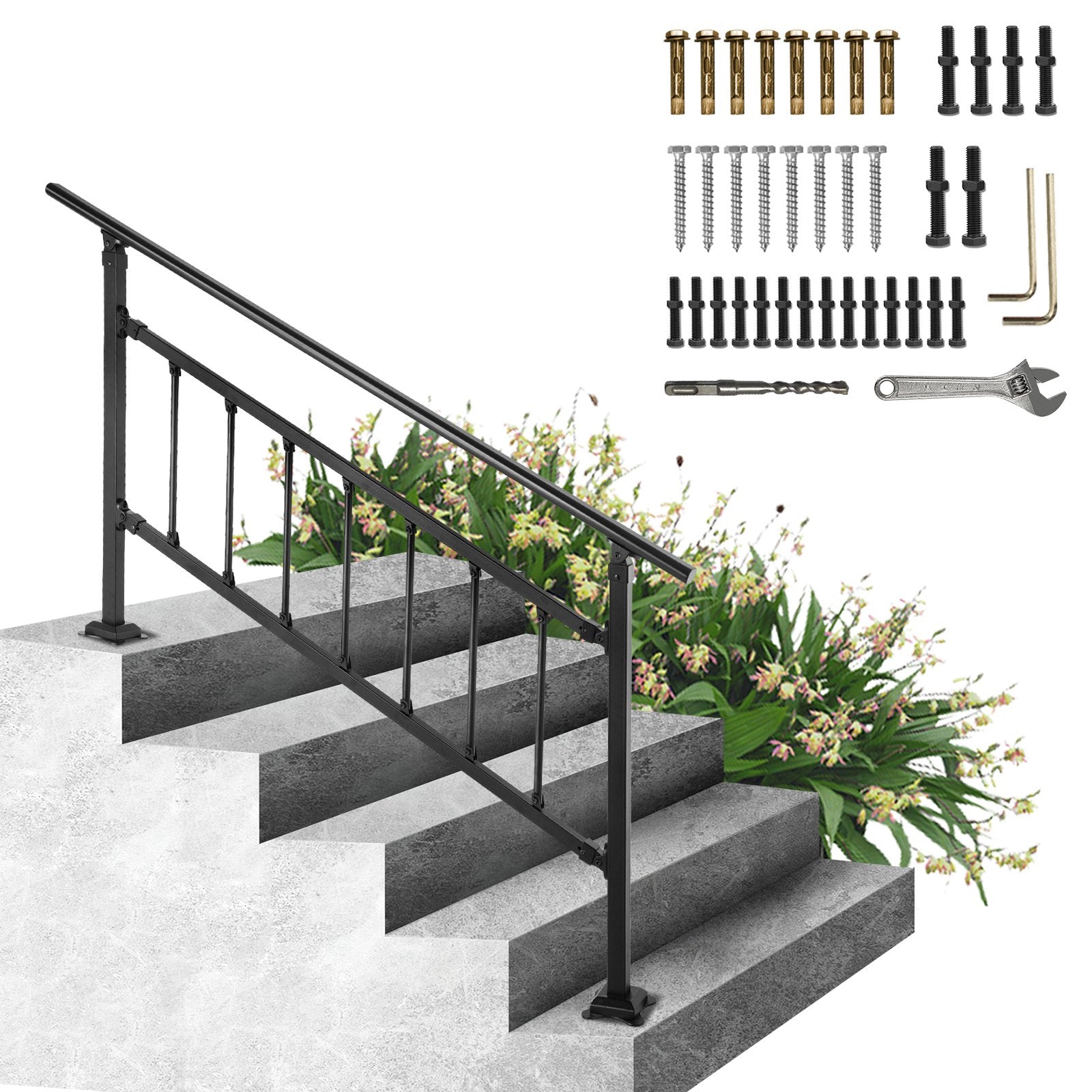 Iron Handrail Stair Railing Hand Rail Kit 1-4 Steps Outdoor Black w/ Bars V952-TZFGZXSLZFSD4JWFNV0