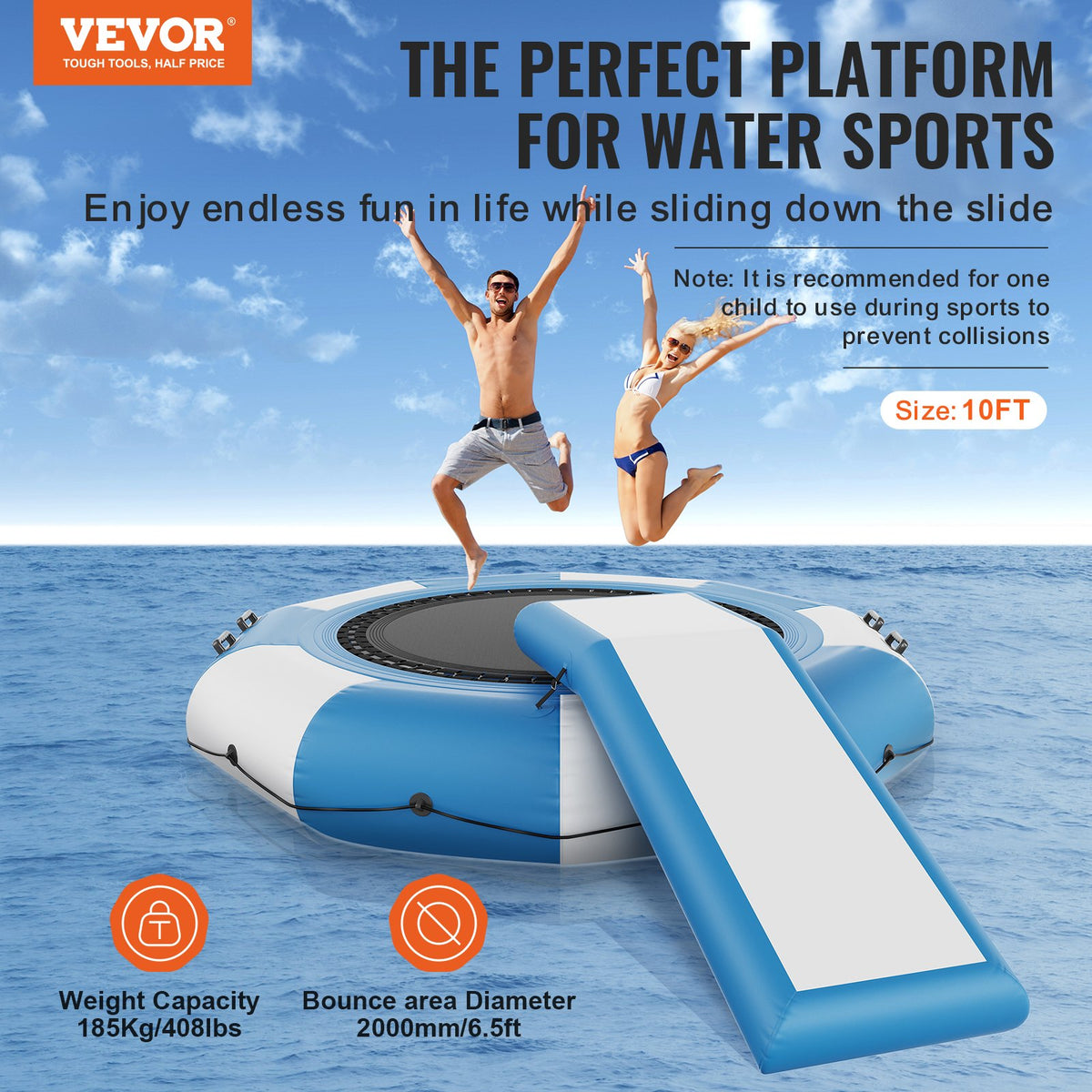 Inflatable Water Bouncer, 10ft Recreational Water Trampoline, Portable Bounce Swim Platform with Slide, V952-TZKSSBCTZK10RJUKJV3