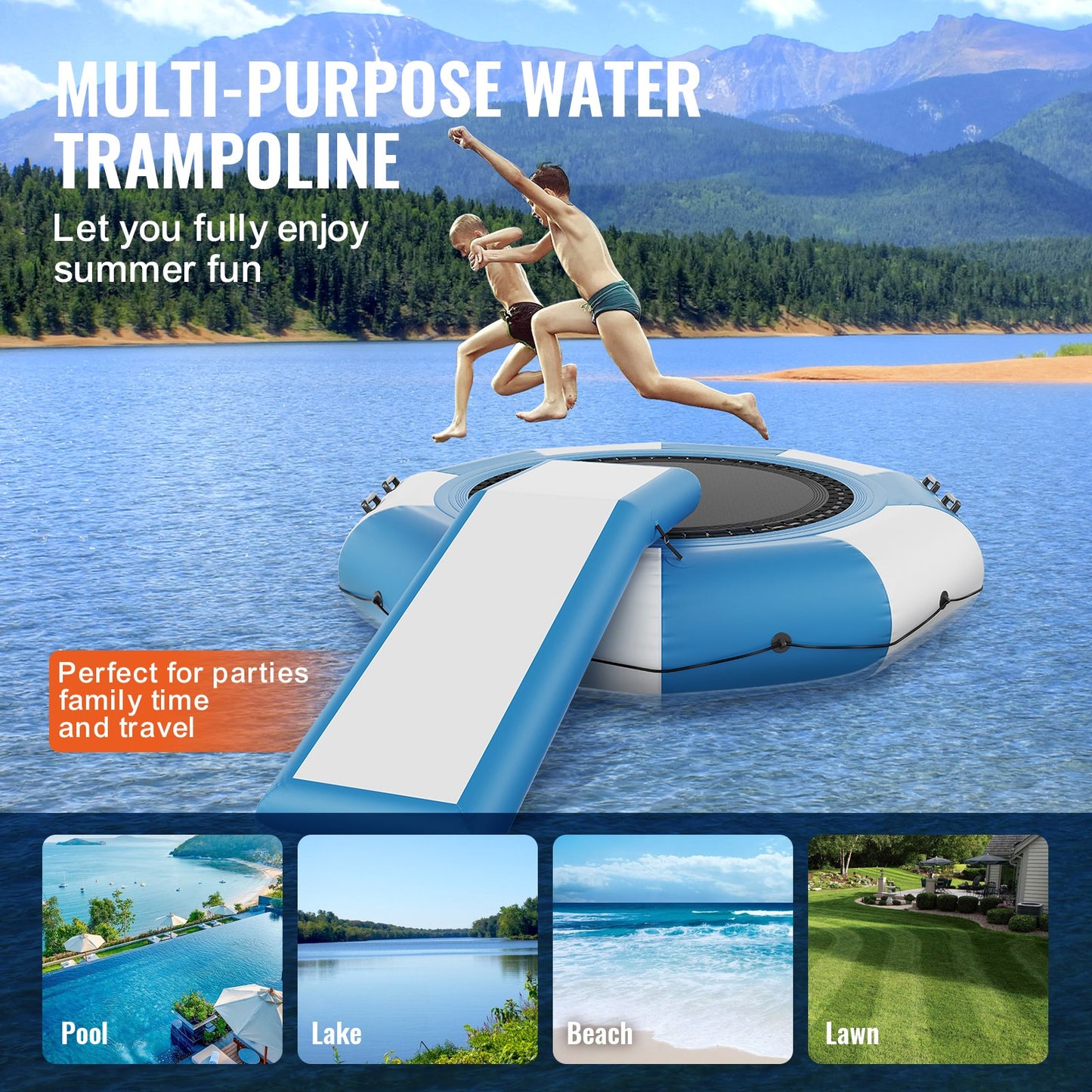 Inflatable Water Bouncer, 10ft Recreational Water Trampoline, Portable Bounce Swim Platform with Slide, V952-TZKSSBCTZK10RJUKJV3