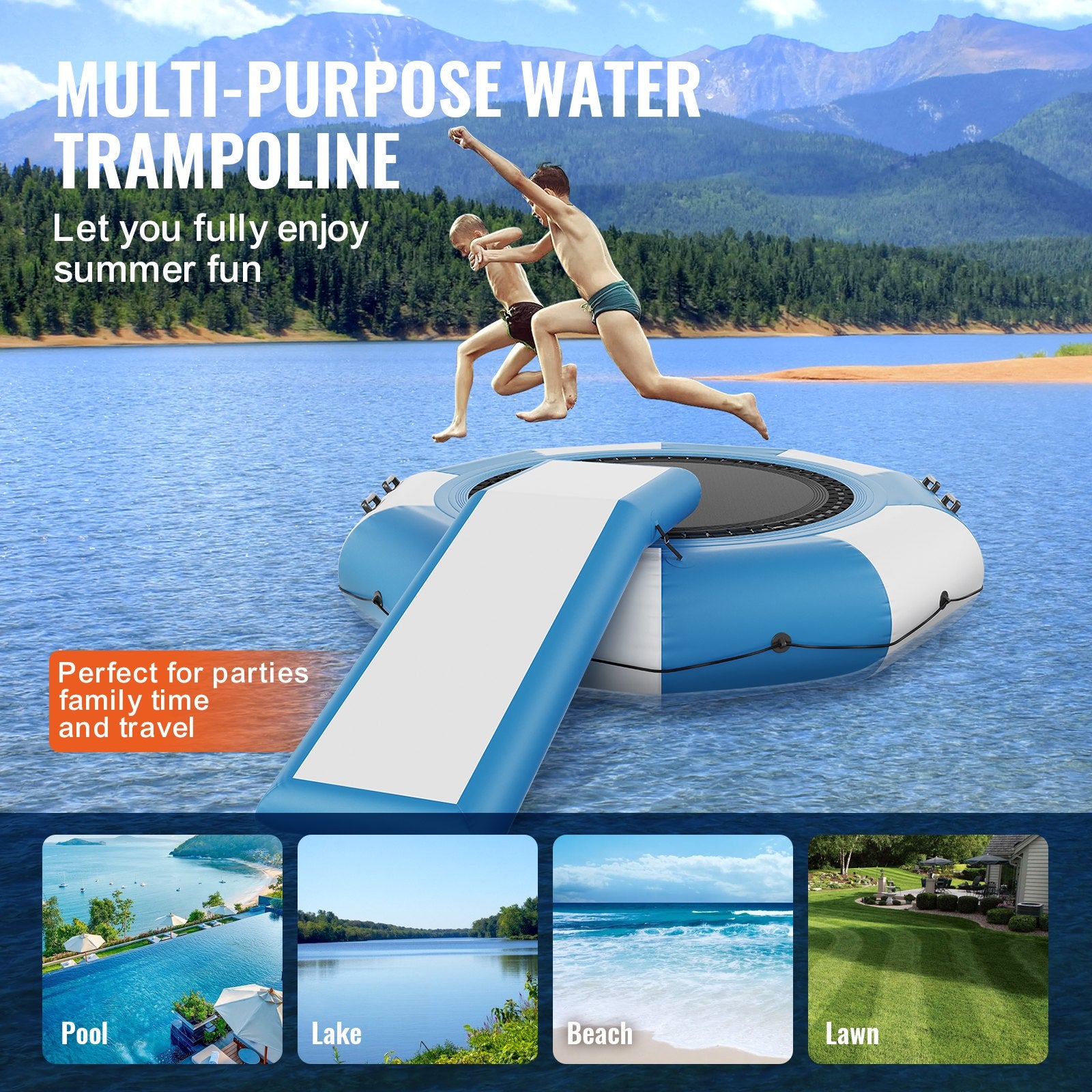 Inflatable Water Bouncer, 10ft Recreational Water Trampoline, Portable Bounce Swim Platform with Slide, V952-TZKSSBCTZK10RJUKJV3