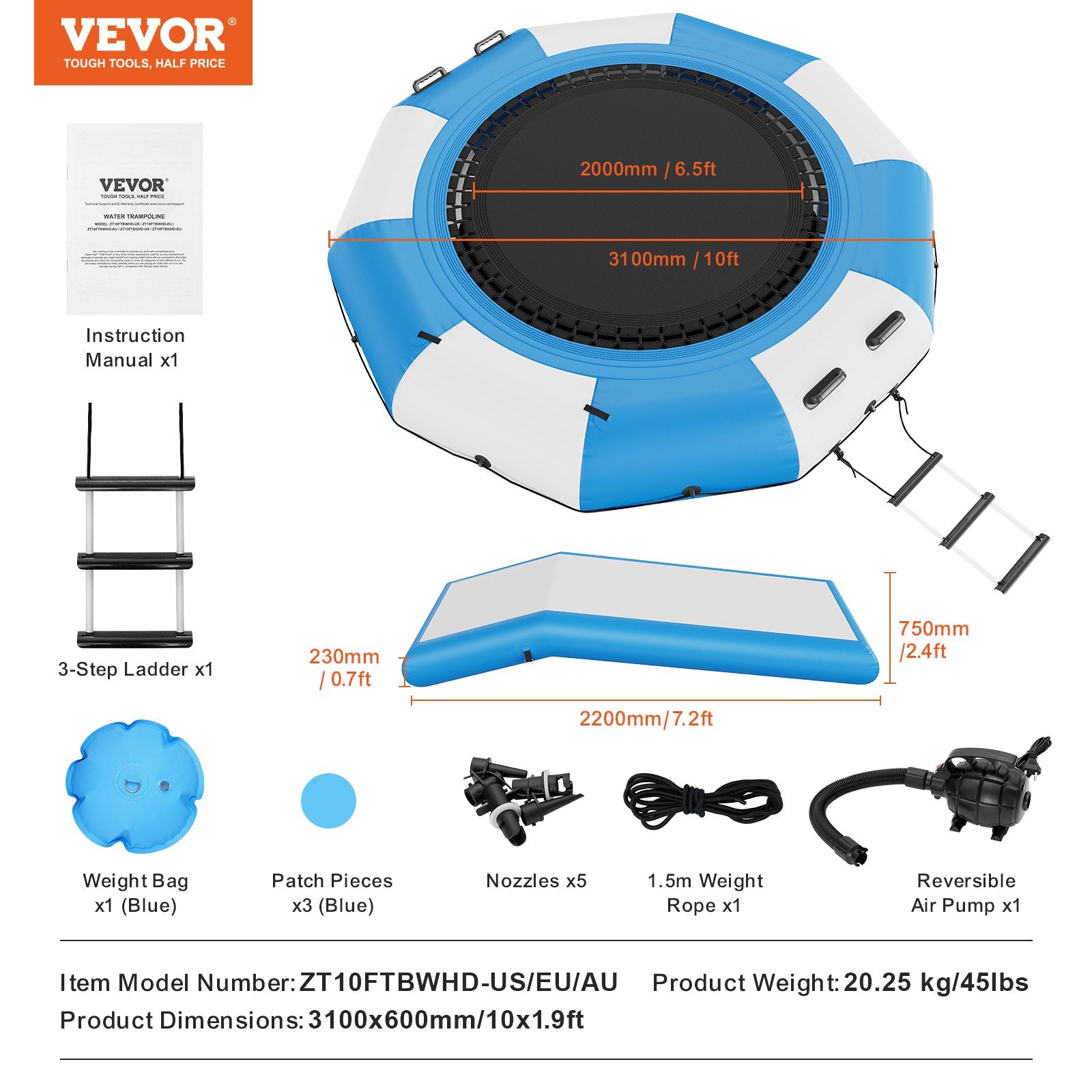 Inflatable Water Bouncer, 10ft Recreational Water Trampoline, Portable Bounce Swim Platform with Slide, V952-TZKSSBCTZK10RJUKJV3