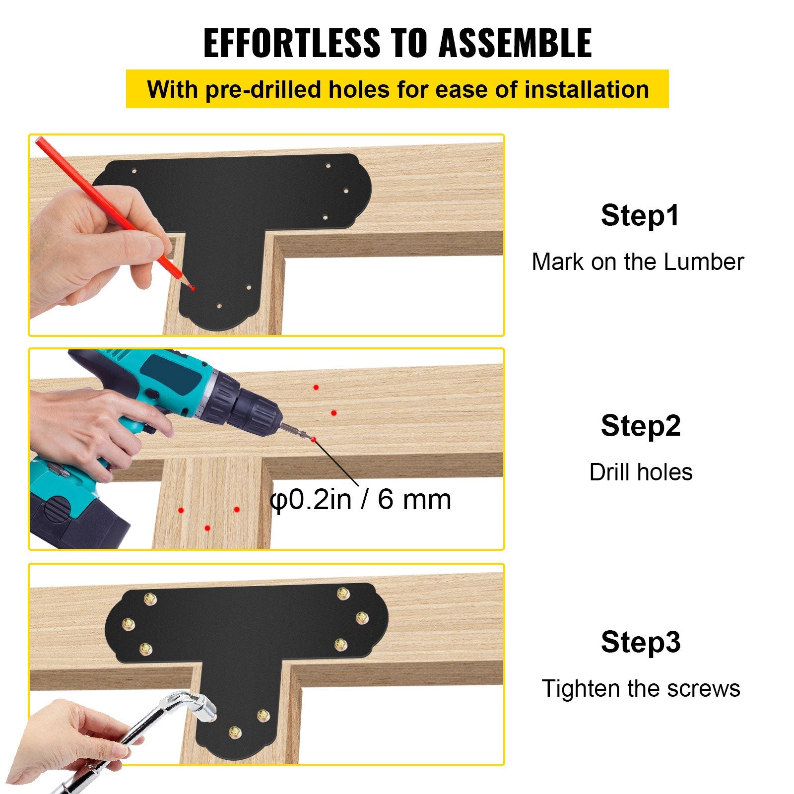 Black T Mending Plate T-shape 8 PCs 6" Flat Connector Post to Beam Bracket V952-TZLJJ6X68PCSTBW8SV0