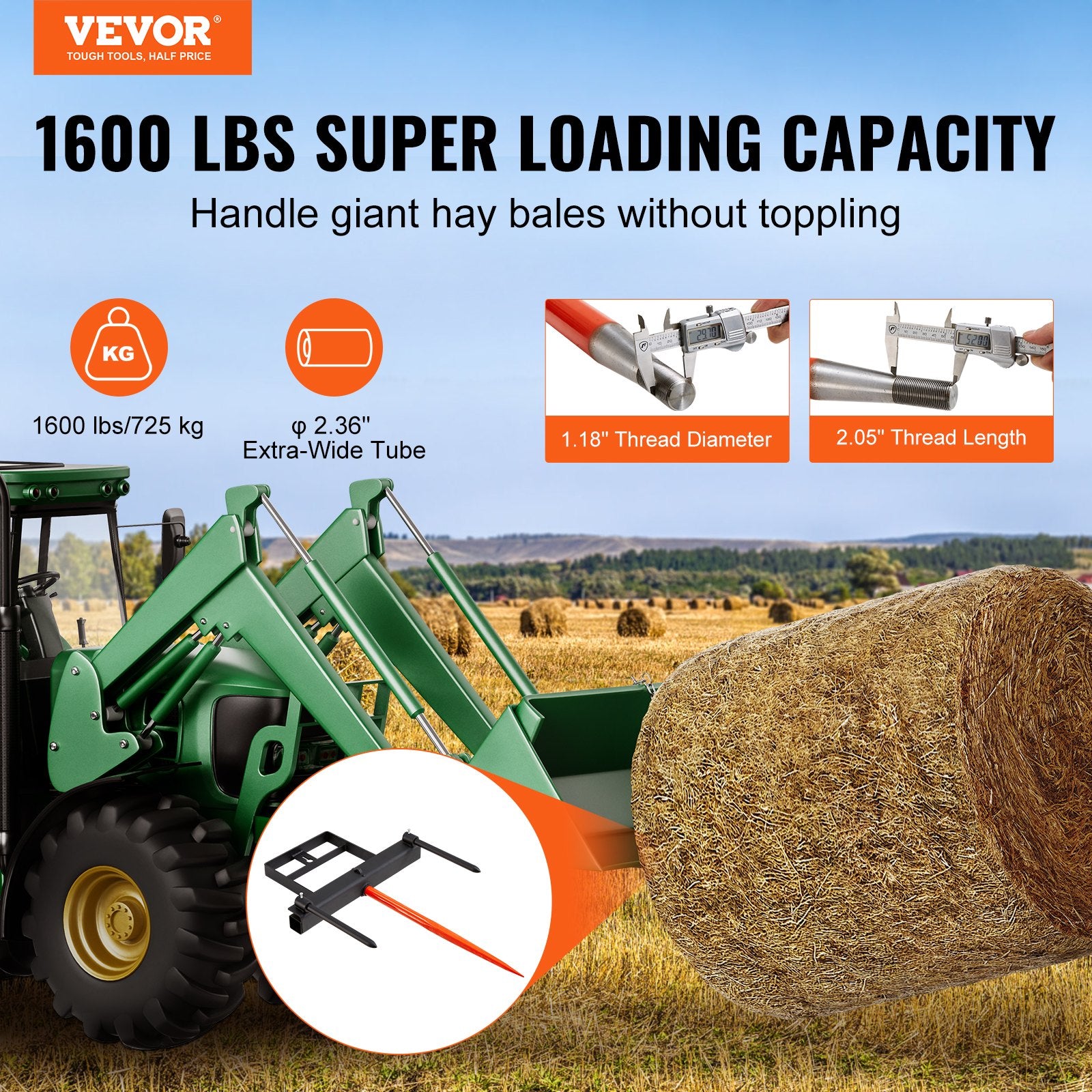 39" Hay Spear, Bale Spears 726kg Loading Capacity, Skid Steer Loader Tractor Bucket Attachment with 2pcs V952-TZSPS12ZHZ3981A68V0