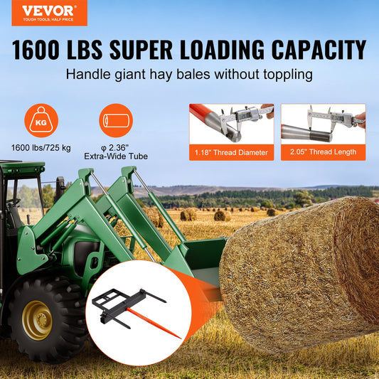 39" Hay Spear, Bale Spears 726kg Loading Capacity, Skid Steer Loader Tractor Bucket Attachment with 2pcs V952-TZSPS12ZHZ3981A68V0