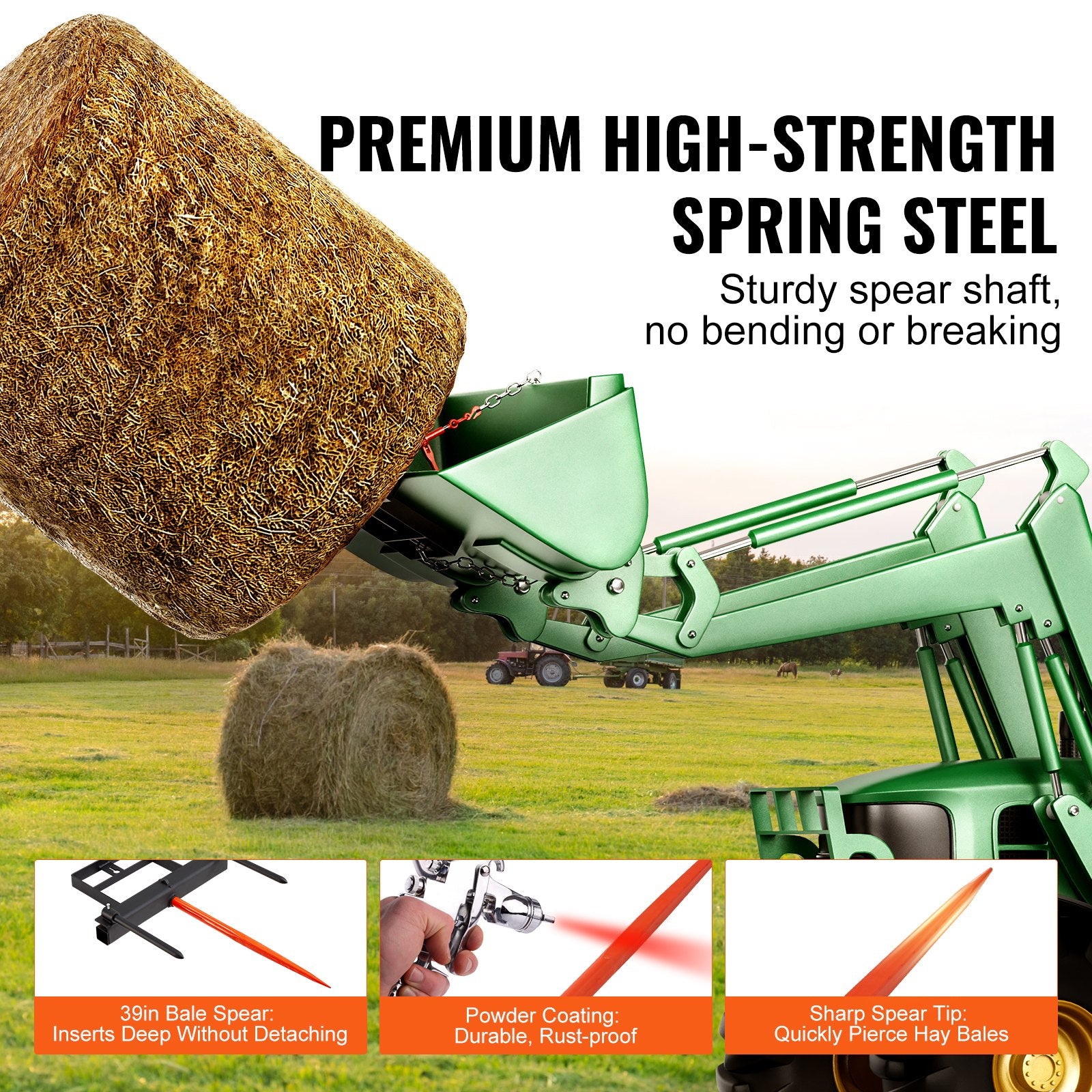 39" Hay Spear, Bale Spears 726kg Loading Capacity, Skid Steer Loader Tractor Bucket Attachment with 2pcs V952-TZSPS12ZHZ3981A68V0