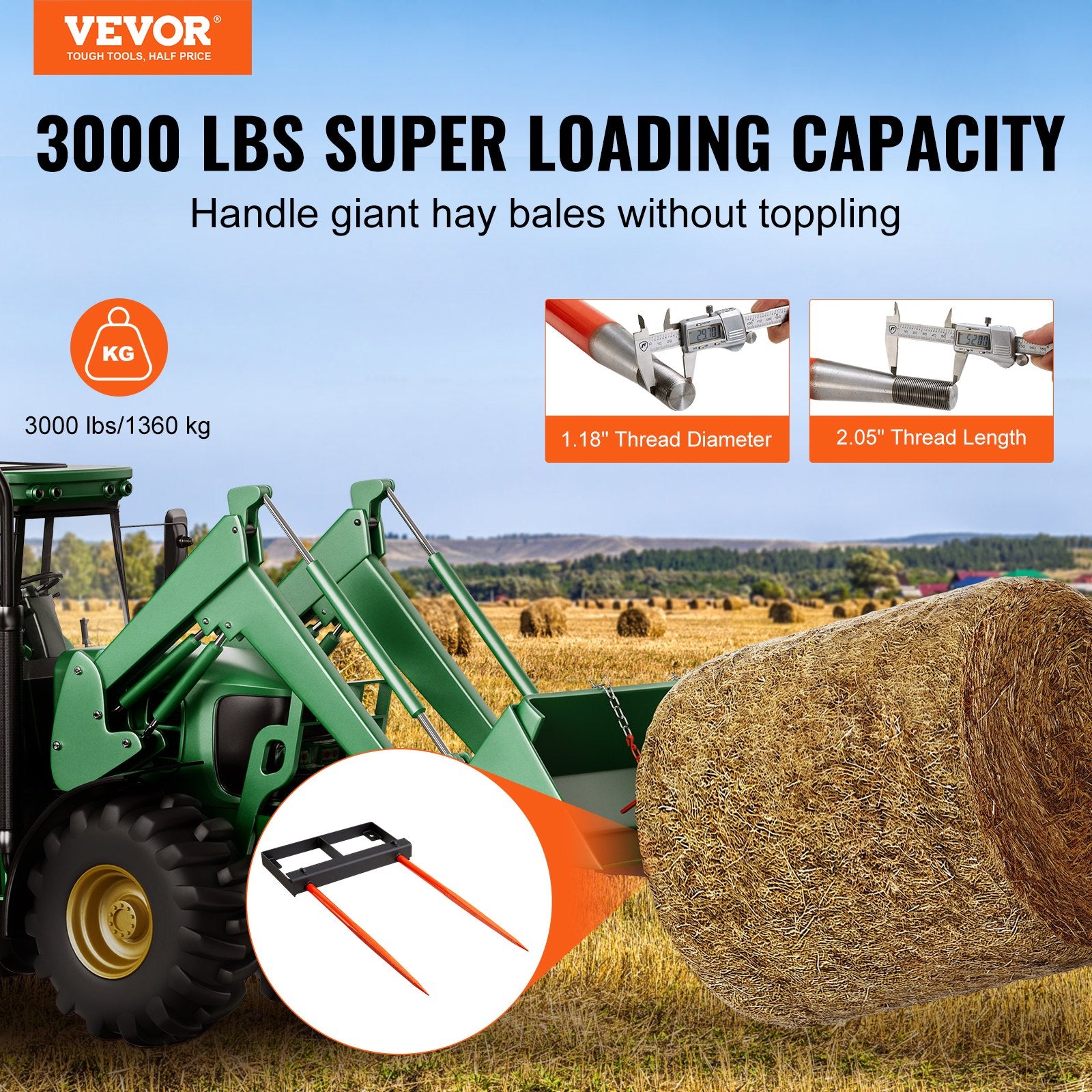 49" Hay Spear, Bale Spears 1360kg Loading Capacity, Skid Steer Loader Tractor Bucket Attachment with 2pcs V952-TZSPS2ZZ49IN3X7CBV0