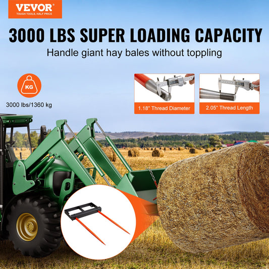 49" Hay Spear, Bale Spears 1360kg Loading Capacity, Skid Steer Loader Tractor Bucket Attachment with 2pcs V952-TZSPS2ZZ49IN3X7CBV0
