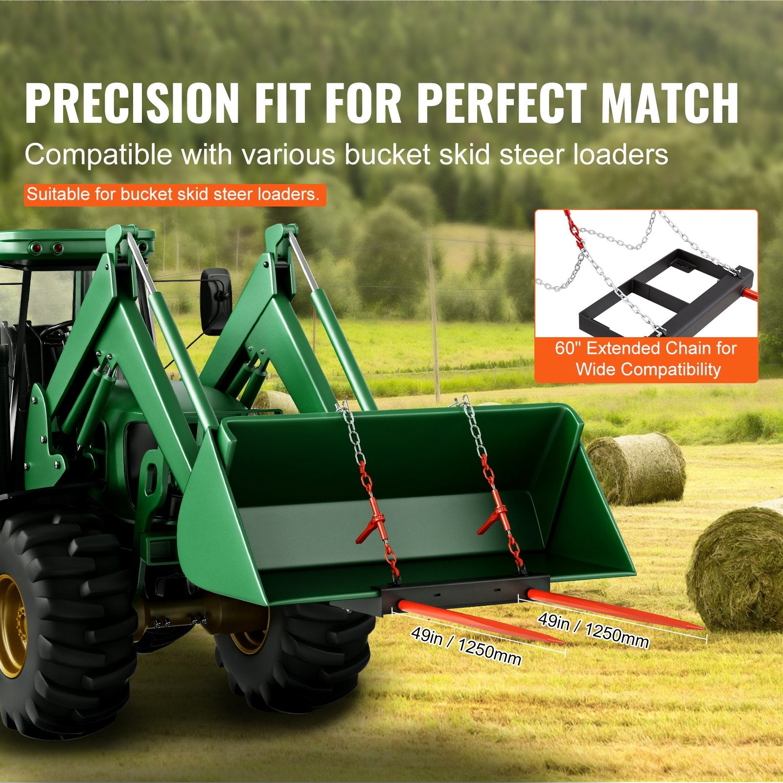49" Hay Spear, Bale Spears 1360kg Loading Capacity, Skid Steer Loader Tractor Bucket Attachment with 2pcs V952-TZSPS2ZZ49IN3X7CBV0