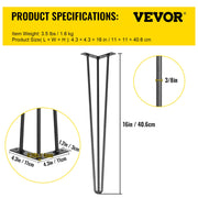Hairpin Table Legs 16 inch, Set of 4 DIY Desk Table Legs 3 Rods Heavy Duty V952-TZZT4PCS16YC3G001V0