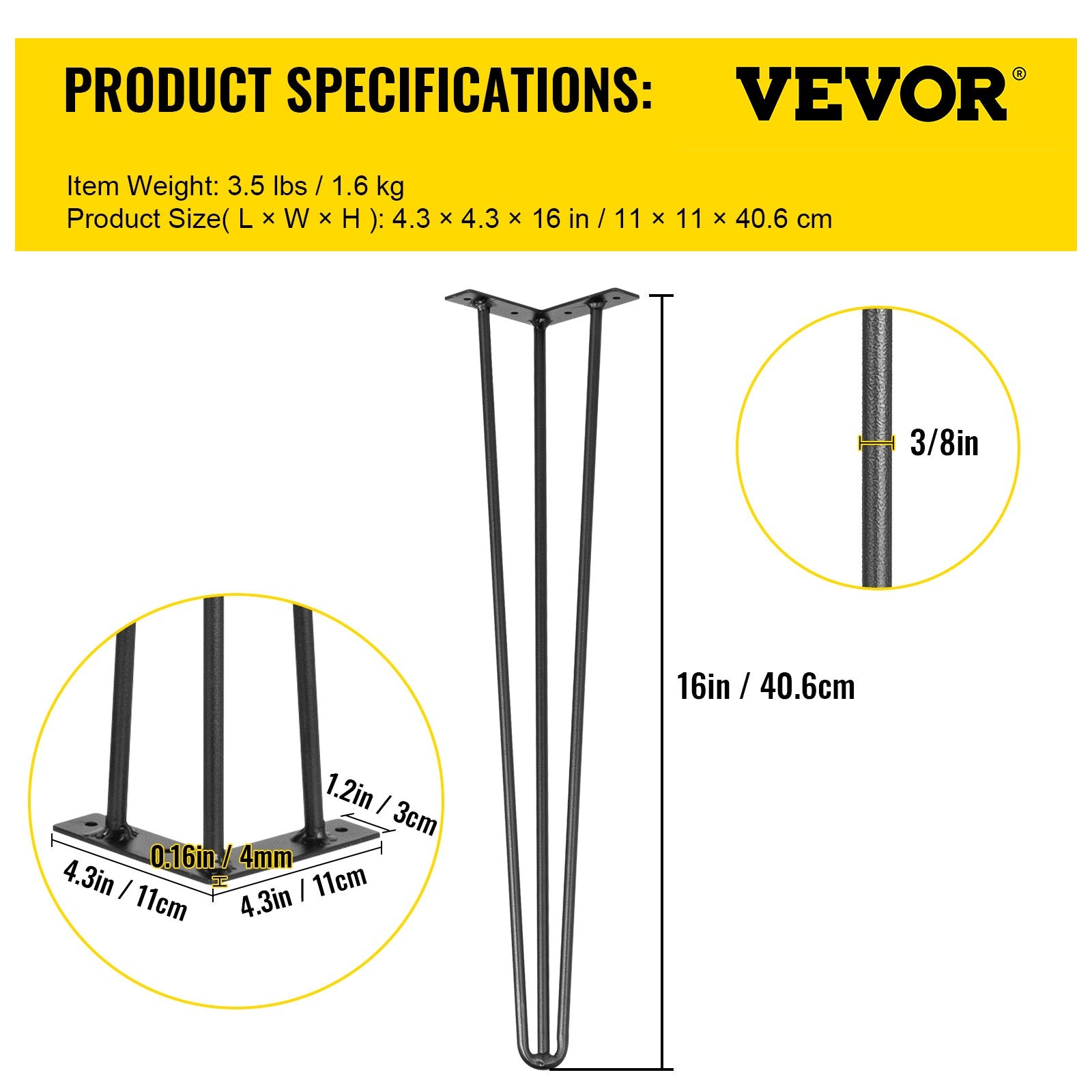 Hairpin Table Legs 16 inch, Set of 4 DIY Desk Table Legs 3 Rods Heavy Duty V952-TZZT4PCS16YC3G001V0