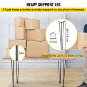Hairpin Table Legs 24 inch Black Set of 4 Desk Legs Each 220lbs Capacity Hairpin Desk Legs 3 Rods for Bench V952-TZZT4PCS24YC3G001V0